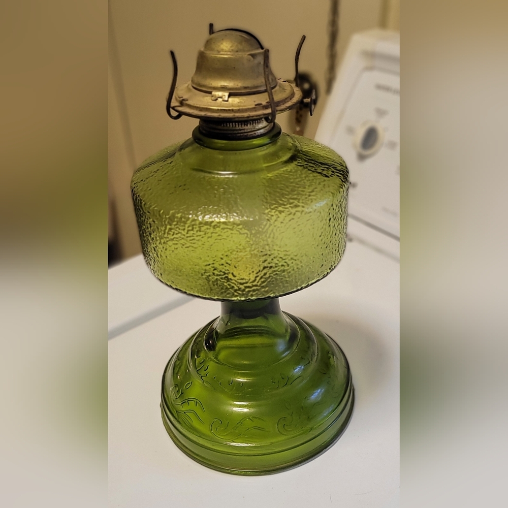 Vintage green working oil lamp with hurricane wick. No cracks